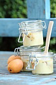 Apricot and quark pancakes baked in glass jars
