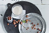 Haselnussmilch und Haselnüsse in einer Miniatur Milchkanne