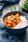 Sweetpotato ragout (vegan) with tomato, cocconut milk, roasted peanuts, garlic, ginger, cilantro, served with rice