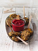 Quinoa and sweet lupin fritters with beetroot dip