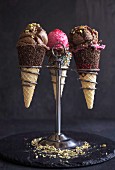 Chocolate and strawberry ice cream in the cones