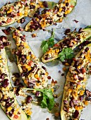 Stuffed courgette boats with kidney beans, sweetcorn and courgette