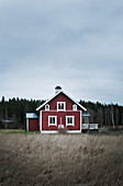 Red, lonely Swedish house under grey cloudy sky