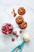Frozen raspberries, cookies and ice cream for a non-bake cake