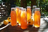 Homemade quince juice in bottles on a garden table