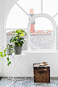 Metal table with plants and old chest in front of an arched window