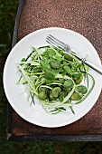 Raw zoodles (zucchini noodles) served with pesto and broad beans