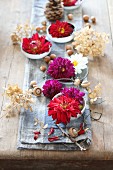 Halloween table decorated with dahlias, hazelnuts and dried hydrangeas on blue cloth on rustic table