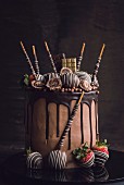 Sweet chocolate cake served on the wooden background
