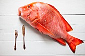 A fresh whole red snapper with a knife and fork