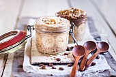 Coffee and chocolate chia pudding with bananas, almonds and sunflower seeds