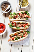Hot dogs with lettuce, tomatoes, gherkins, ketchup, mustard and toasted onions