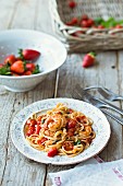 Pasta with strawberry and tomato sugo, courgette and prawns