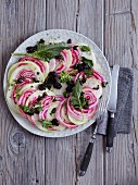Beef and kohlrabi salad with dried sour cherries - 'Pink Ring O' Roses'