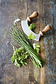 Chervil, chives, and parsley with a herb chopper