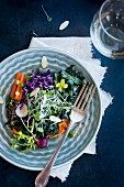 Grünkohlsalat mit Wildreis, Karotten, Radieschen und Blutorangen-Vinaigrette
