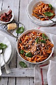 Pasta with tomatoes, basil, and parmesan