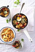 Savoury Kaiserschmarrn (shredded pancake from Austria) with sliced courgette, peppers, and tofu