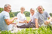 Four people sitting on grass with water