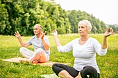 Mature man and senior woman doing yoga in field