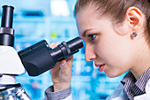 Scientist using microscope