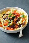 Farfalle with aubergine, tomatoes and chilli