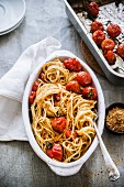Spaghettini with baked balsamic tomatoes and breadcrumbs