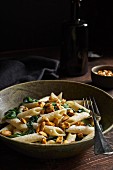 Penne with spinach and caramelised peanuts in goat's cheese sauce