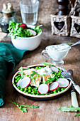 Erbsen-Radieschen-Salat mit Hähnchen und Rucola
