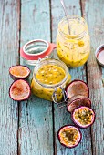 Passion fruit spread in glass jars