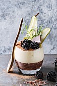 Dessert breakfast layered chia seeds, chocolate pudding, rice porridge in glass decorated by fresh blackberries, sliced pear, cocoa powder