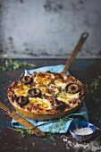 Vegetable lasagne with mushrooms in a frying pan