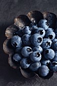 Fresh blueberries in a tin plate (close up)