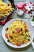 Rainbow spaghetti with vegetables