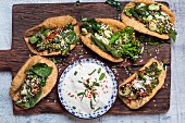 Tacos with spinach, broad beans, broccoli and soya sour cream (vegan, gluten free)