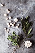Bay leaves, onions, mushrooms, garlic, and bouquet garni (ingredients for making coq au vin)