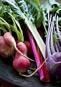 Farmers market vegetables - radishes, rainbow swiss chard, and kohlrabi - in a rustic metal bowl