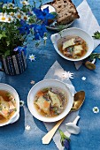 Chanterelle and pasta soup with chives