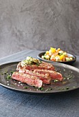 Ribeye steak with Greek salad