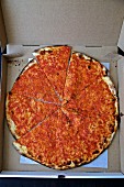 A pizza in an open delivery box (seen from above)