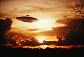 Ufo in sky, backlit, illustration
