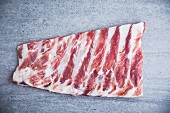Raw free-range, organic pork ribs (seen from above)