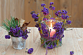 Preserving jar covered with twigs as lantern, Callicarpa