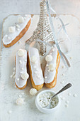 Eclairs and a silver Eiffel Tower model for Christmas