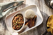 Cuban-style Picadillo served with rice shot from overhead