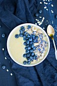 A pineapple smoothie bowl with blueberries and cashew nuts