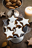 Cinnamon stars in a silver bowl