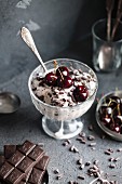 Ice cream with chocolate and cherries