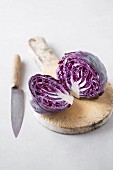 Sliced purple cabbage on a chopping board