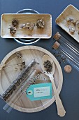 Dried marigold seeds in test tubes and in wooden dishes